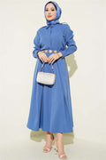 2 Piece Set with pleated skirt and shoulder epaulets, blue.