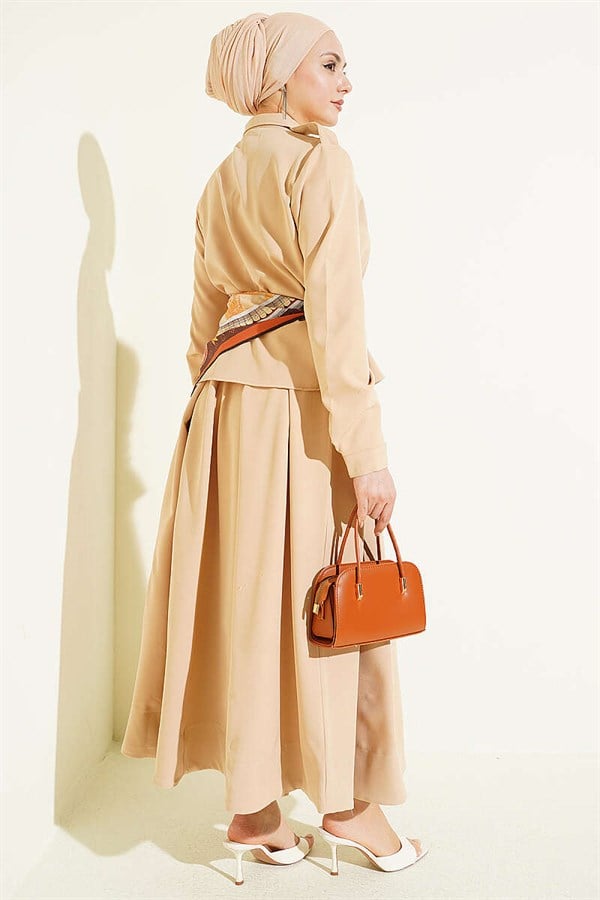 Beige 2 Piece Set with Pleated Skirt and Shoulder Epaulets