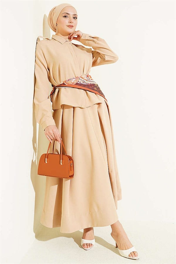 Beige 2 Piece Set with Pleated Skirt and Shoulder Epaulets