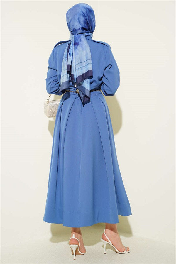 2 Piece Set with pleated skirt and shoulder epaulets, blue.