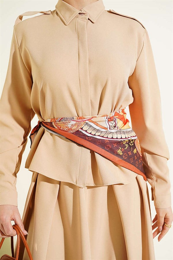 Beige 2 Piece Set with Pleated Skirt and Shoulder Epaulets