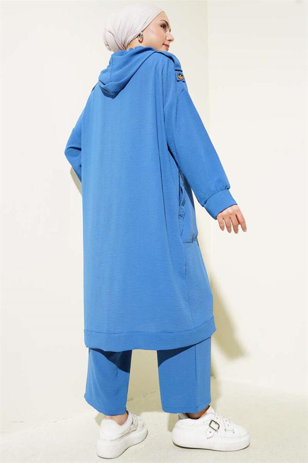Aerobin 2 Piece Set with Shoulder Epaulets and Long Cardigan Indigo