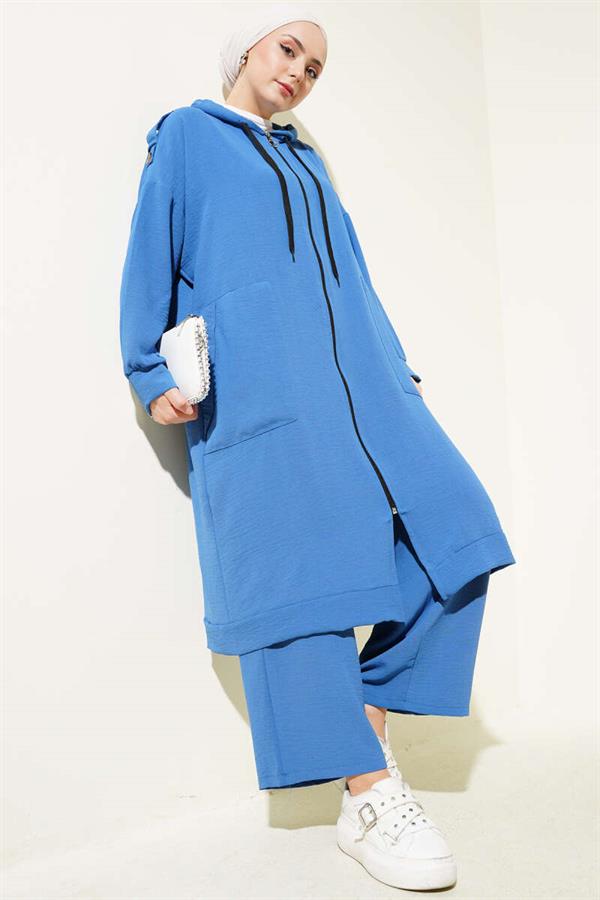 Aerobin 2 Piece Set with Shoulder Epaulets and Long Cardigan Indigo