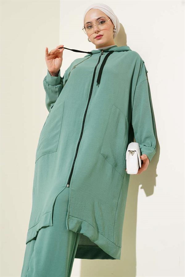 Aerobin 2 Piece Set with Shoulder Epaulets and Long Cardigan, Age Green