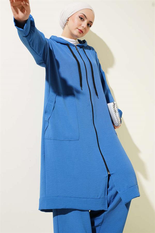 Aerobin 2 Piece Set with Shoulder Epaulets and Long Cardigan Indigo
