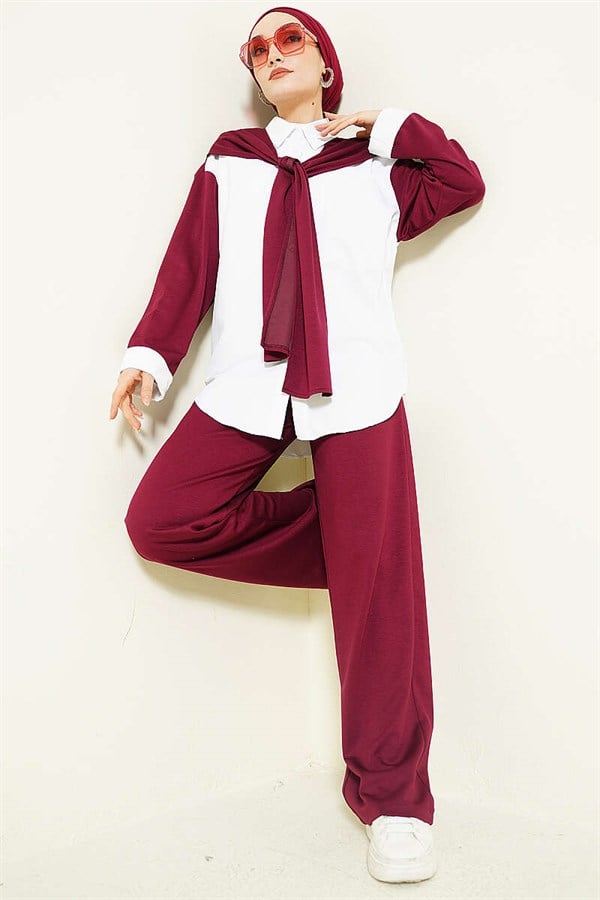 Loysa 2 Piece Set with Shoulder Scarf Detail, Burgundy