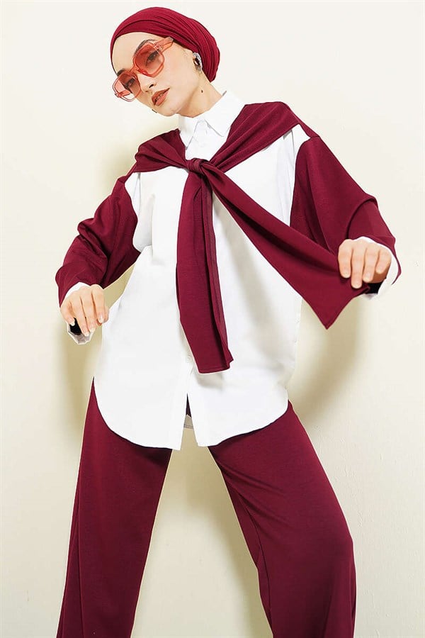 Loysa 2 Piece Set with Shoulder Scarf Detail, Burgundy