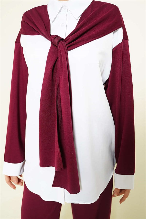 Loysa 2 Piece Set with Shoulder Scarf Detail, Burgundy