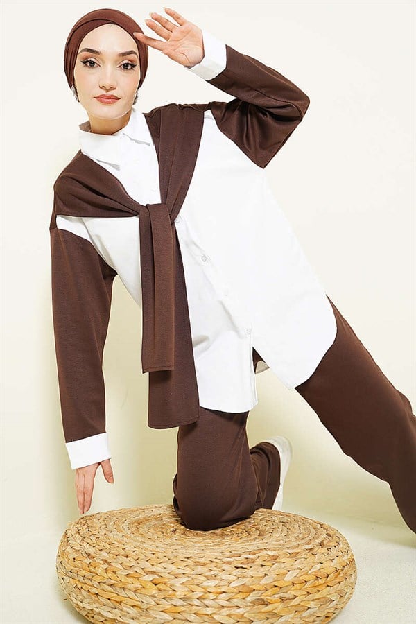 Loysa 2 Piece Set with Shoulder Scarf Detail, Coffee
