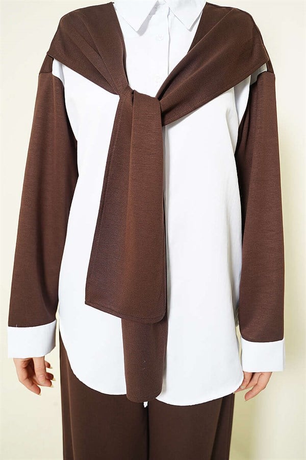 Loysa 2 Piece Set with Shoulder Scarf Detail, Coffee