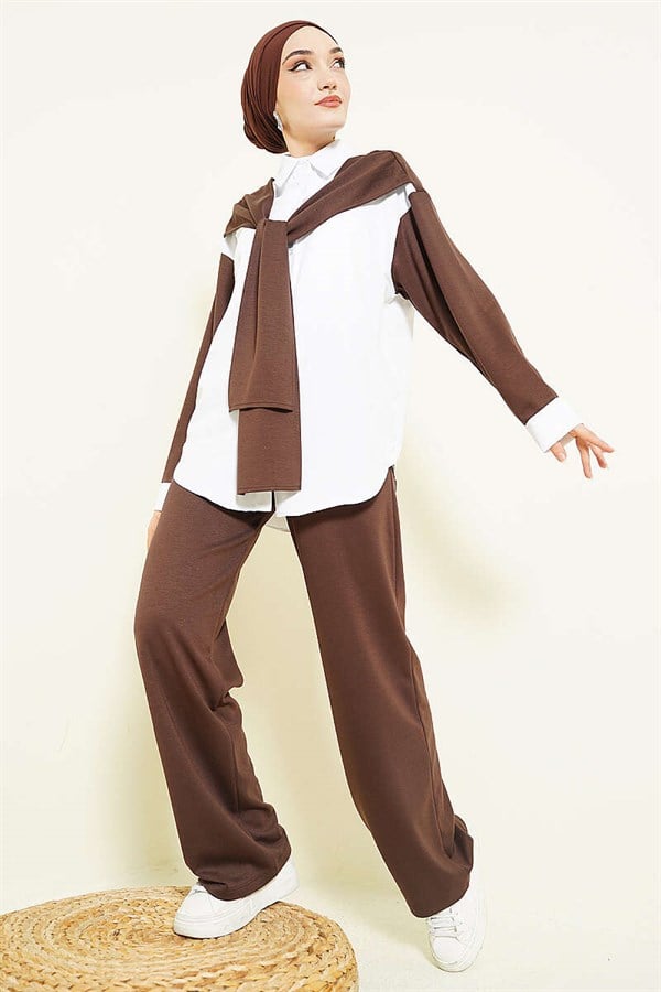 Loysa 2 Piece Set with Shoulder Scarf Detail, Coffee