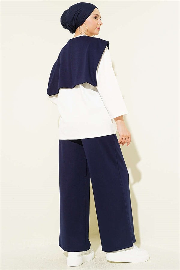 Basic 2 Piece Set with Shoulder Scarf, Navy Blue