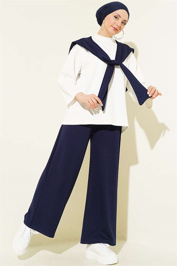 Basic 2 Piece Set with Shoulder Scarf, Navy Blue