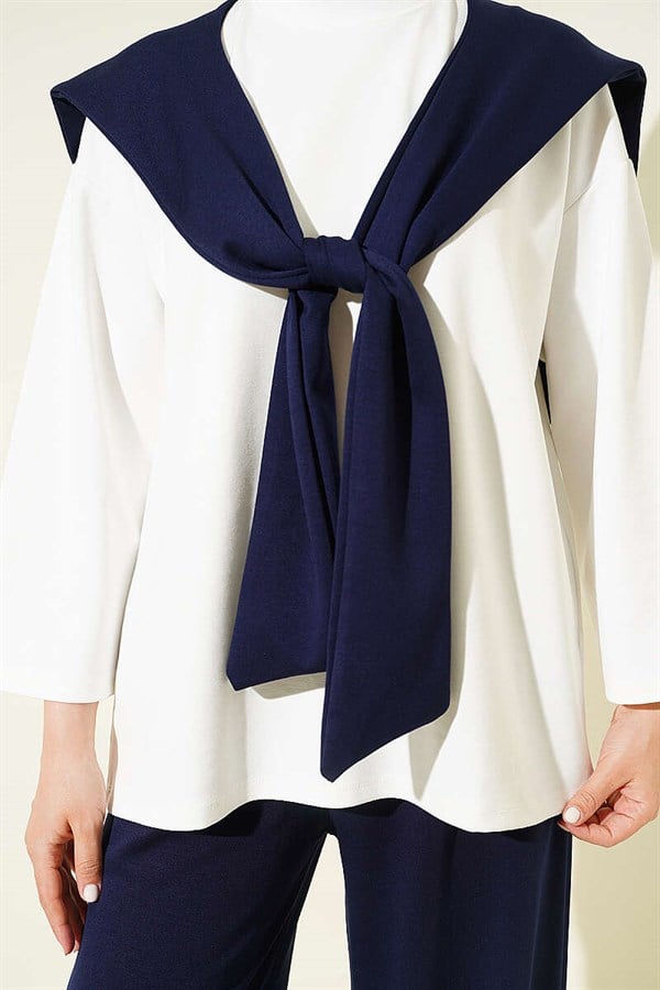 Basic 2 Piece Set with Shoulder Scarf, Navy Blue