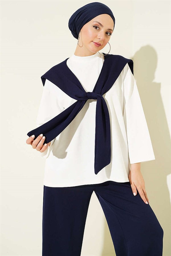 Basic 2 Piece Set with Shoulder Scarf, Navy Blue