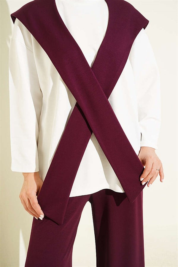 Basic 2 Piece Set with Shoulder Scarf, Plum