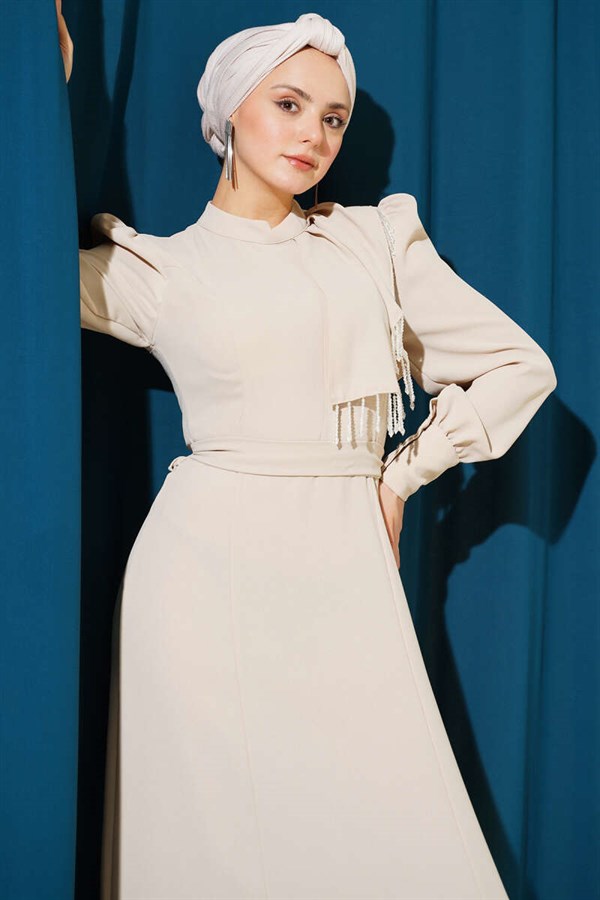 Beige Evening Dress with Shoulder Beaded Belt