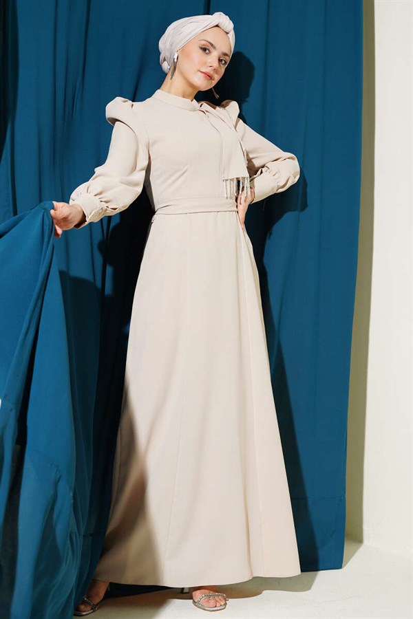 Beige Evening Dress with Shoulder Beaded Belt