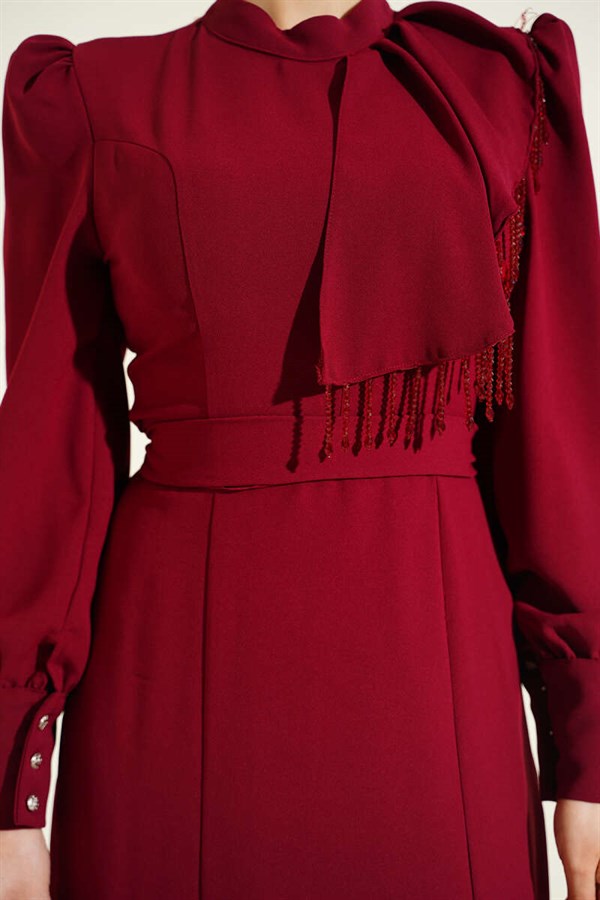 Burgundy Evening Dress with Beaded Shoulder Belt