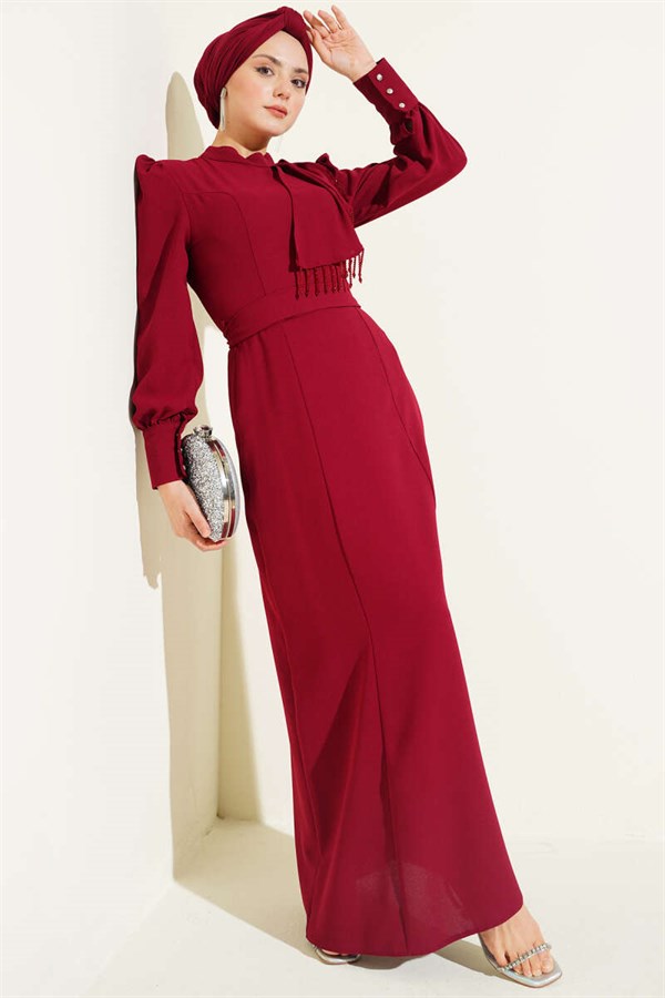 Burgundy Evening Dress with Beaded Shoulder Belt