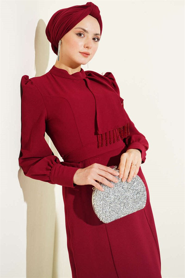 Burgundy Evening Dress with Beaded Shoulder Belt