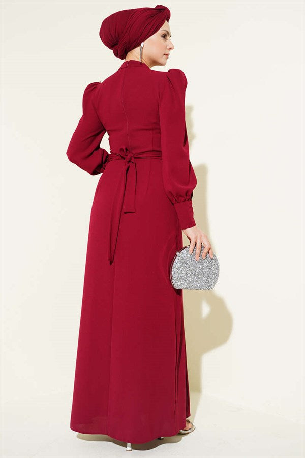 Burgundy Evening Dress with Beaded Shoulder Belt