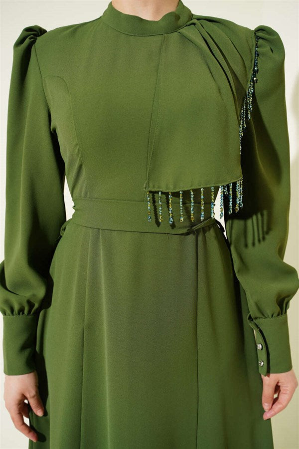 Khaki Evening Dress with Shoulder Beaded Belt