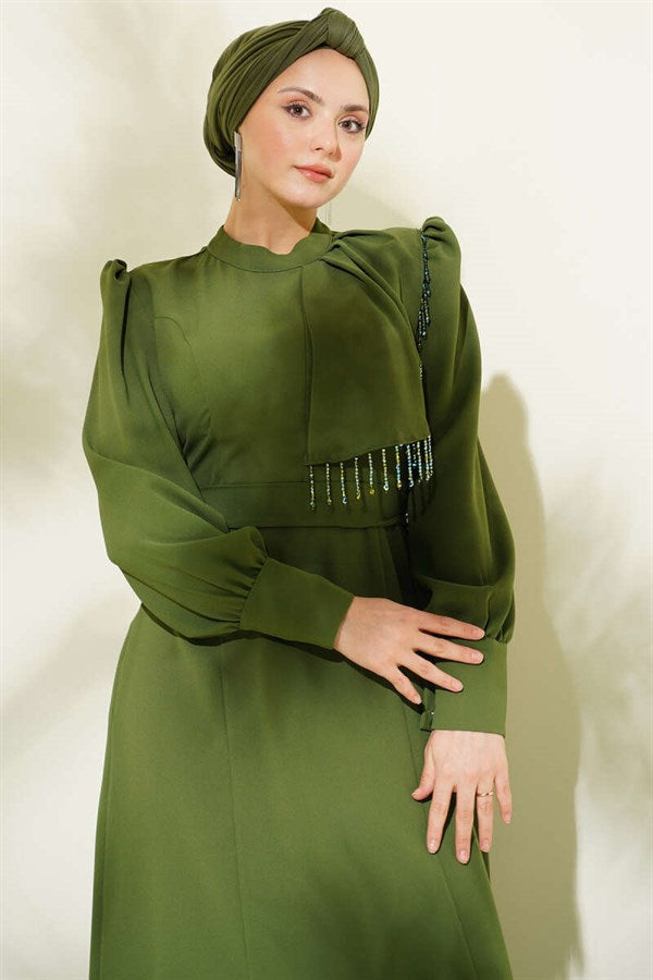 Khaki Evening Dress with Shoulder Beaded Belt