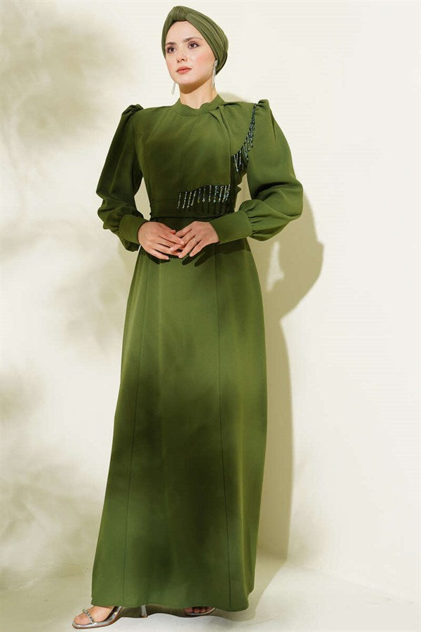 Khaki Evening Dress with Shoulder Beaded Belt