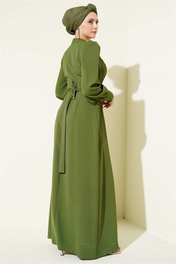 Khaki Evening Dress with Shoulder Beaded Belt