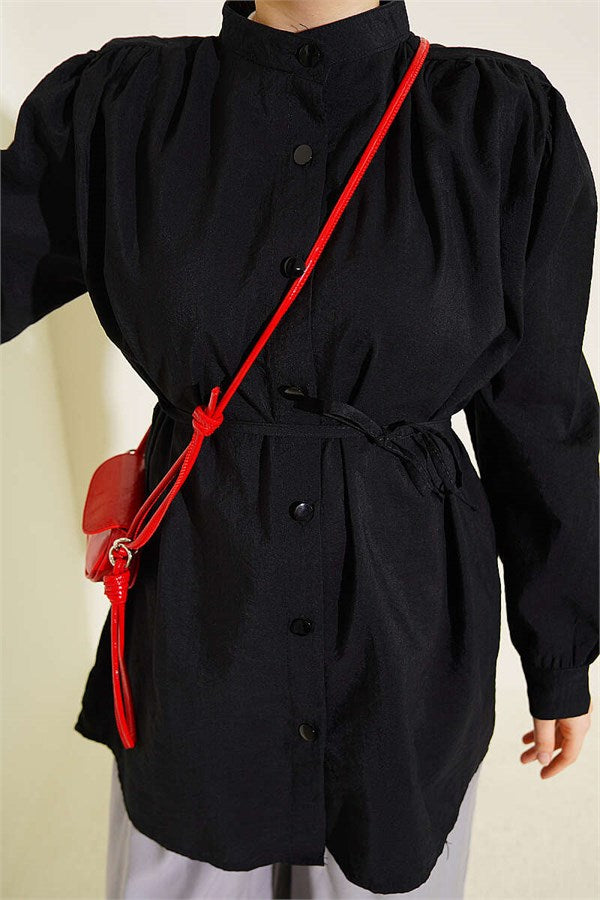 Black Shirt with Shoulder Gathering Detail and Drawstring Belt