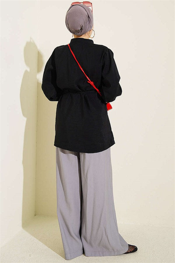 Black Shirt with Shoulder Gathering Detail and Drawstring Belt