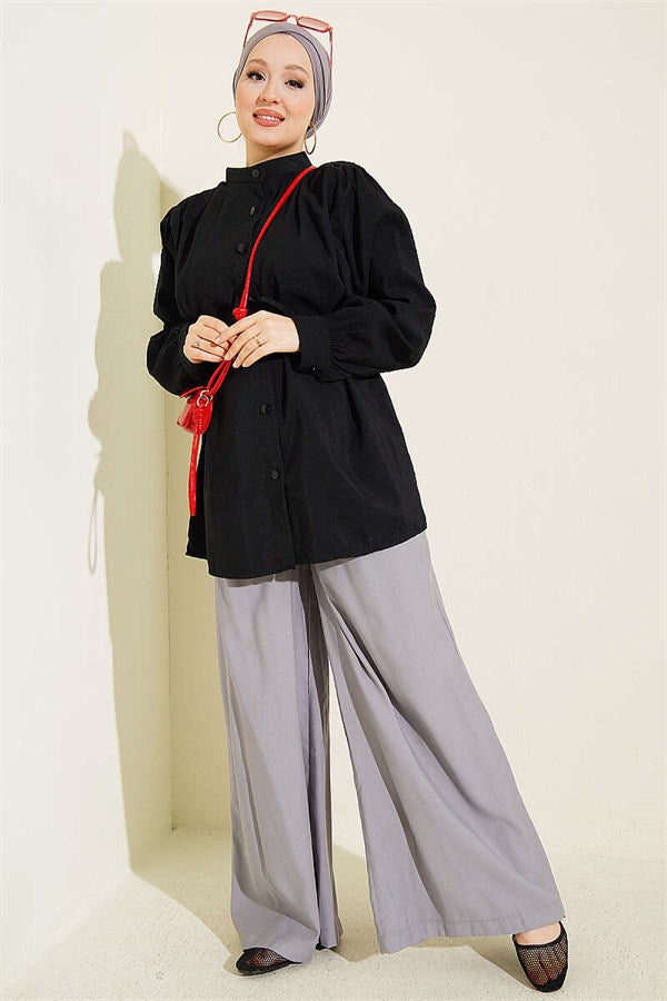 Black Shirt with Shoulder Gathering Detail and Drawstring Belt