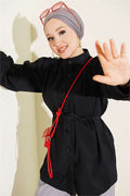 Black Shirt with Shoulder Gathering Detail and Drawstring Belt
