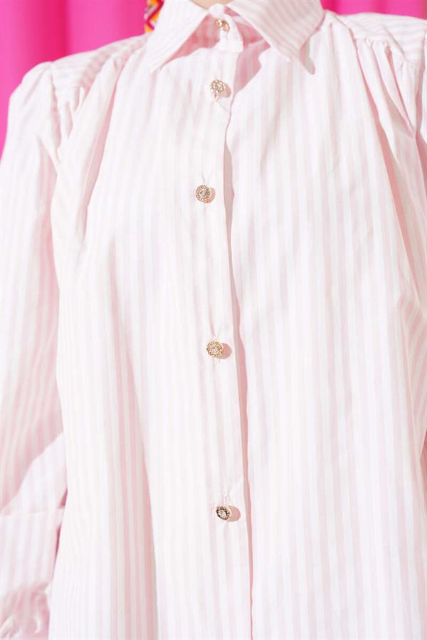 Shoulder Gathered Striped Shirt Pink