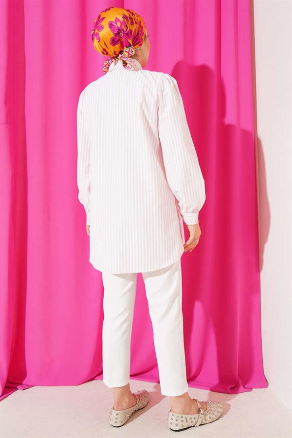 Shoulder Gathered Striped Shirt Pink