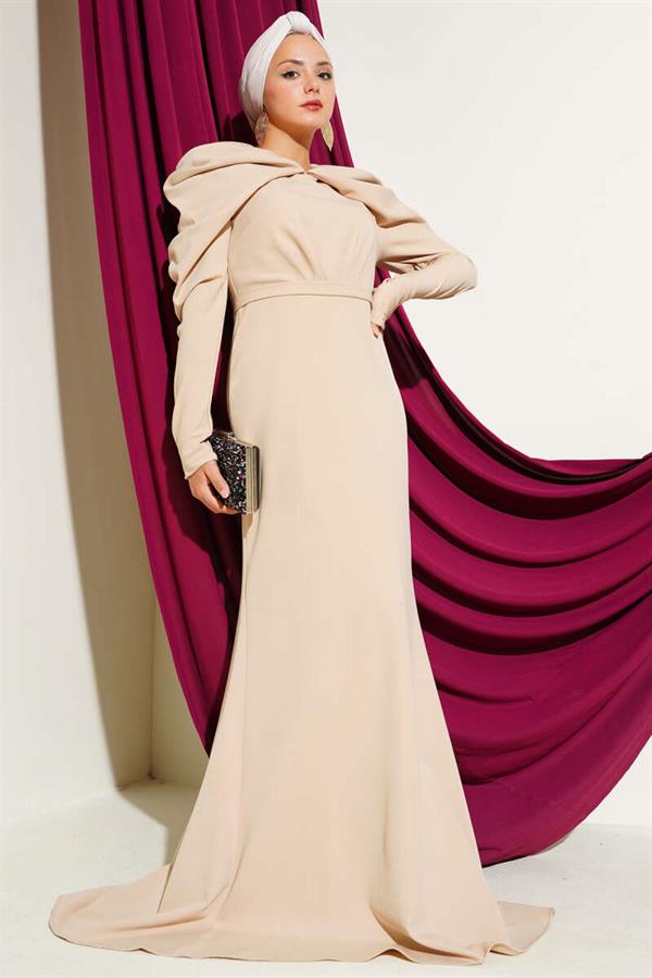 Shoulder Pleated Double Breasted Evening Dress Beige