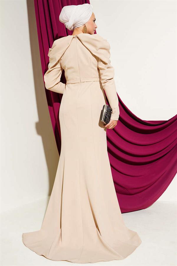 Shoulder Pleated Double Breasted Evening Dress Beige