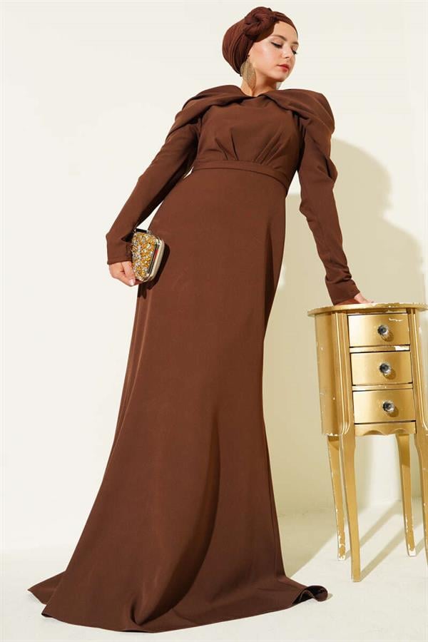 Shoulder Pleated Double Breasted Evening Dress Brown