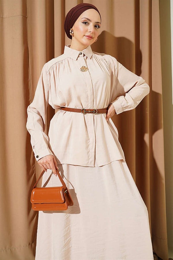 Modal 2 Piece Set with Shoulder Gathered Skirt, Beige