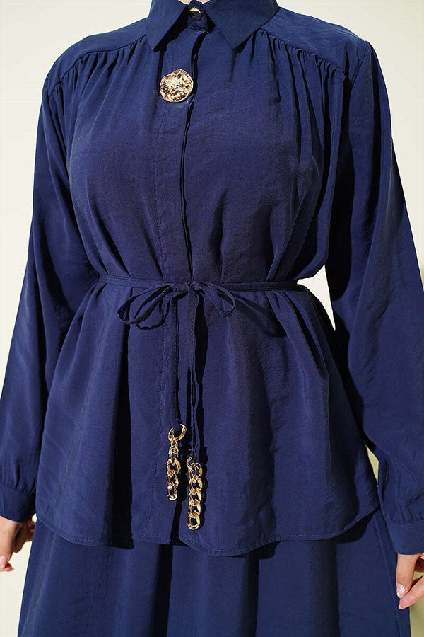 Modal 2 Piece Set with Shoulder Gathered Skirt, Navy Blue