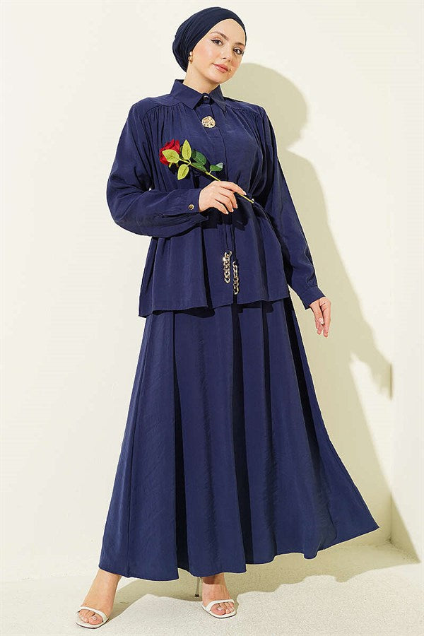 Modal 2 Piece Set with Shoulder Gathered Skirt, Navy Blue
