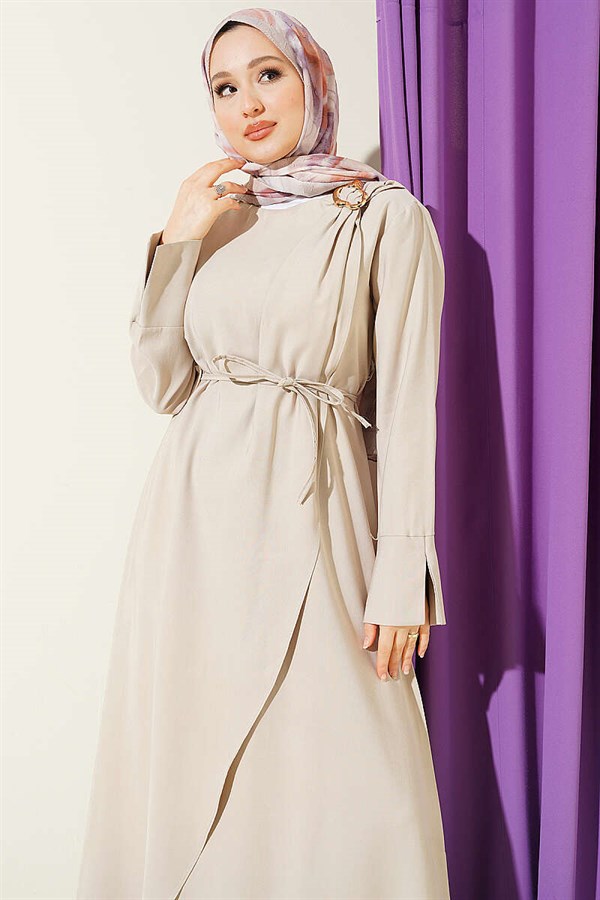 Tencel Dress with Gathered Shoulders and Gold Buckle, Beige