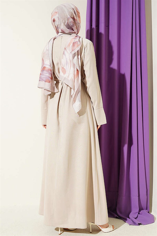 Tencel Dress with Gathered Shoulders and Gold Buckle, Beige