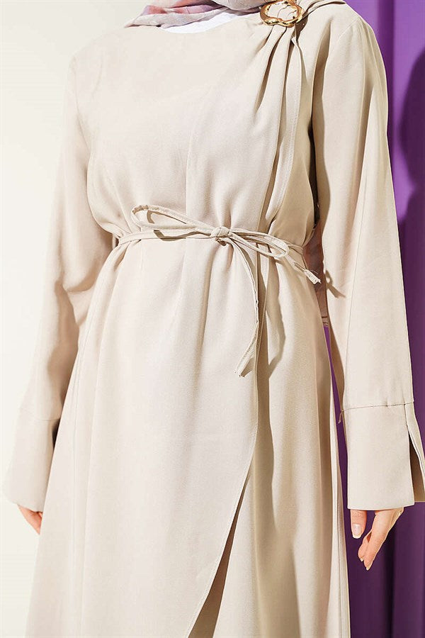 Tencel Dress with Gathered Shoulders and Gold Buckle, Beige