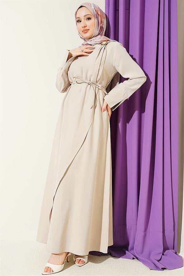 Tencel Dress with Gathered Shoulders and Gold Buckle, Beige