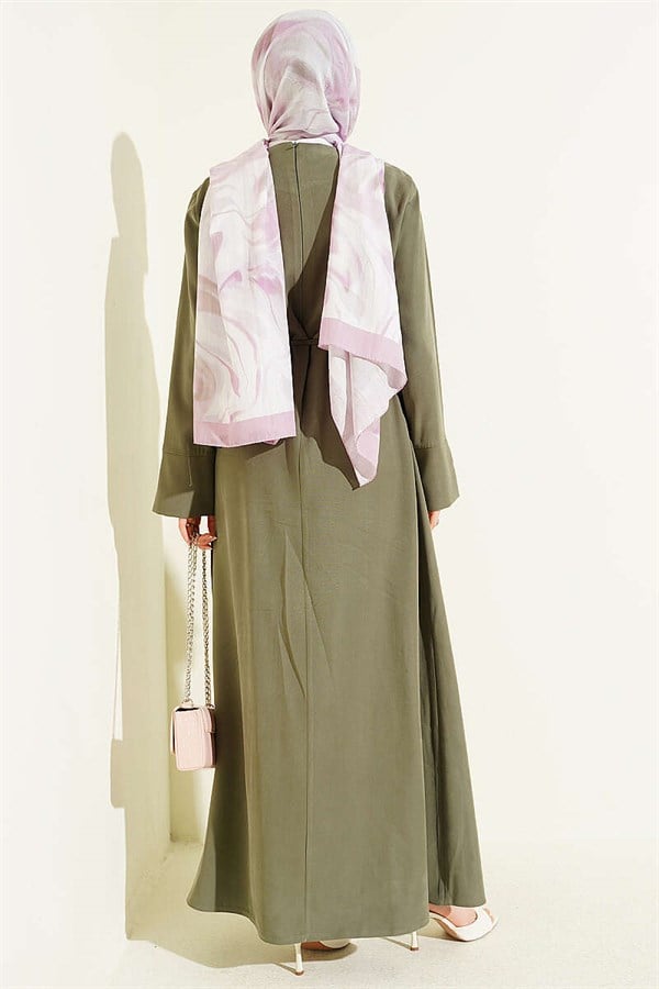 Tencel Dress with Shoulder Gathering and Gold Buckle, Khaki