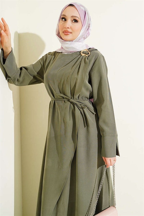 Tencel Dress with Shoulder Gathering and Gold Buckle, Khaki