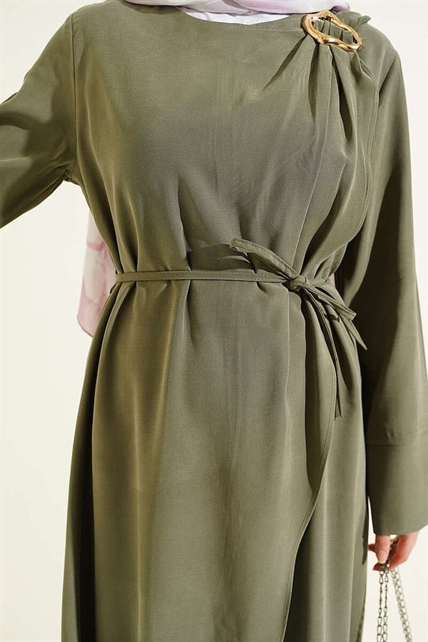 Tencel Dress with Shoulder Gathering and Gold Buckle, Khaki