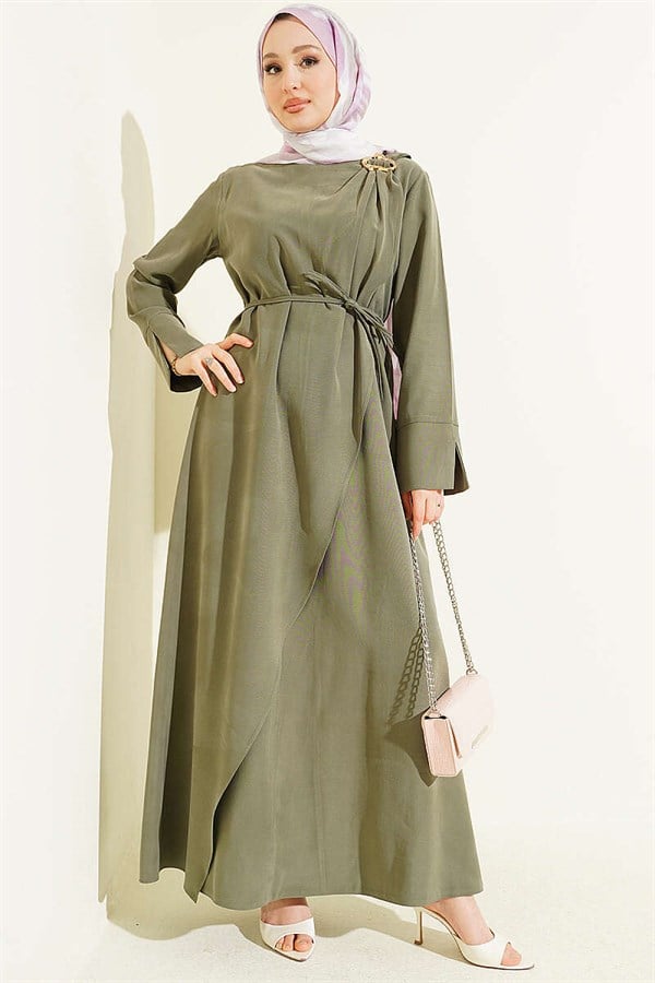 Tencel Dress with Shoulder Gathering and Gold Buckle, Khaki
